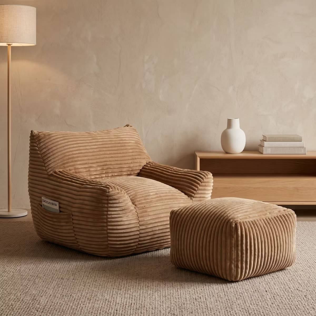 Oversized Bean Bag Chair with Ottoman, Plush Corduroy Adult Lounge Seat