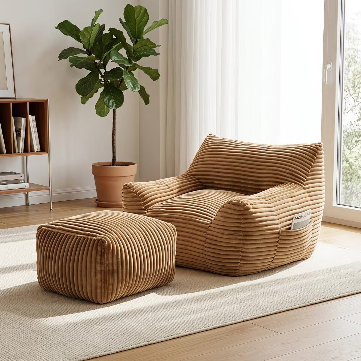 Oversized Bean Bag Chair with Ottoman, Plush Corduroy Adult Lounge Seat