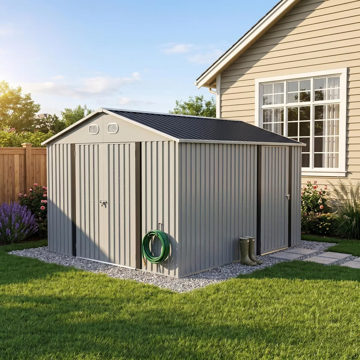 Outdoor Storage Shed with Weatherproof Roof & Lockable Doors