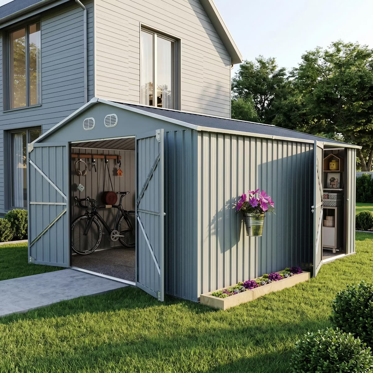 Outdoor Storage Shed with Weatherproof Roof & Lockable Doors