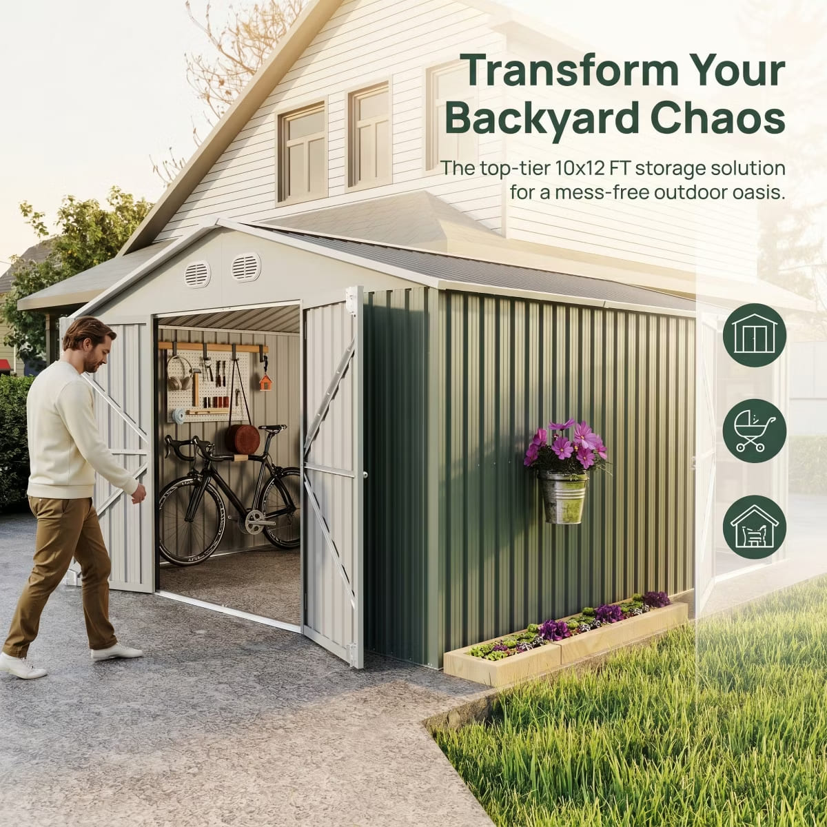 Outdoor Storage Shed with Weatherproof Roof & Lockable Doors