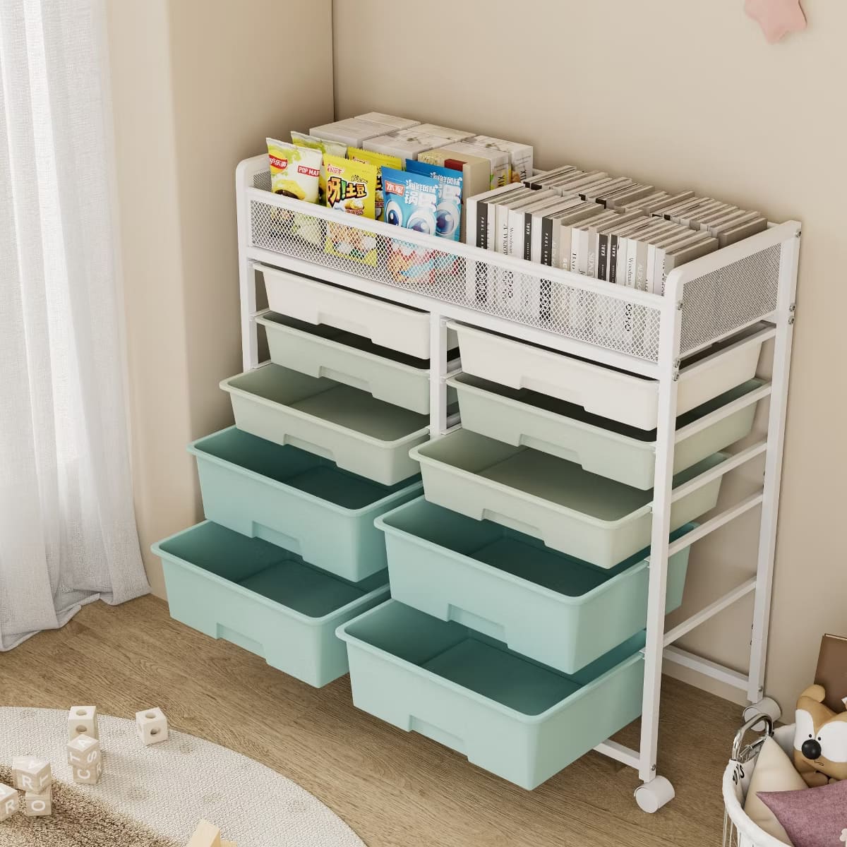 10-Drawer Rolling Storage Cart with Double-Wide Mobile Organizer