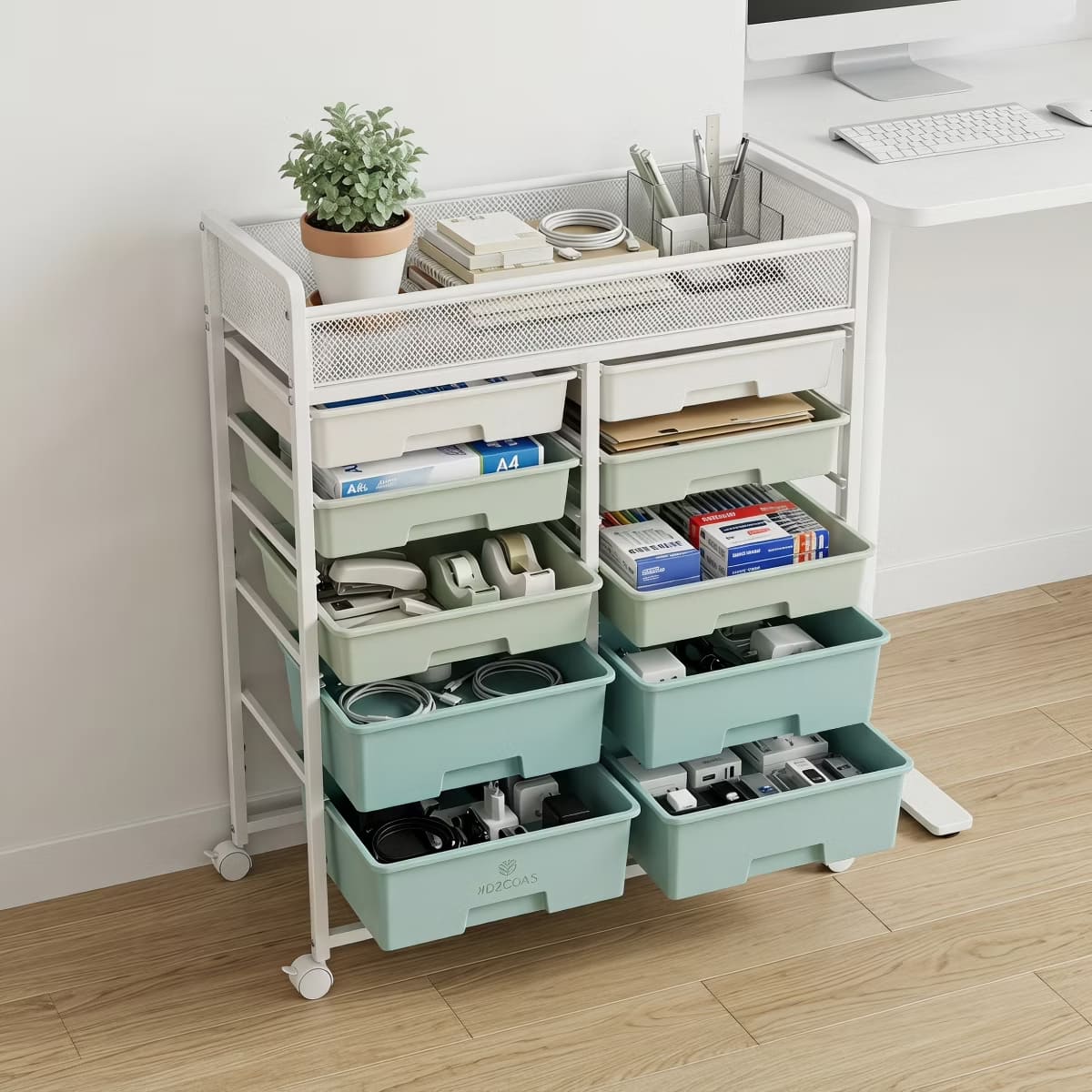 10-Drawer Rolling Storage Cart with Double-Wide Mobile Organizer