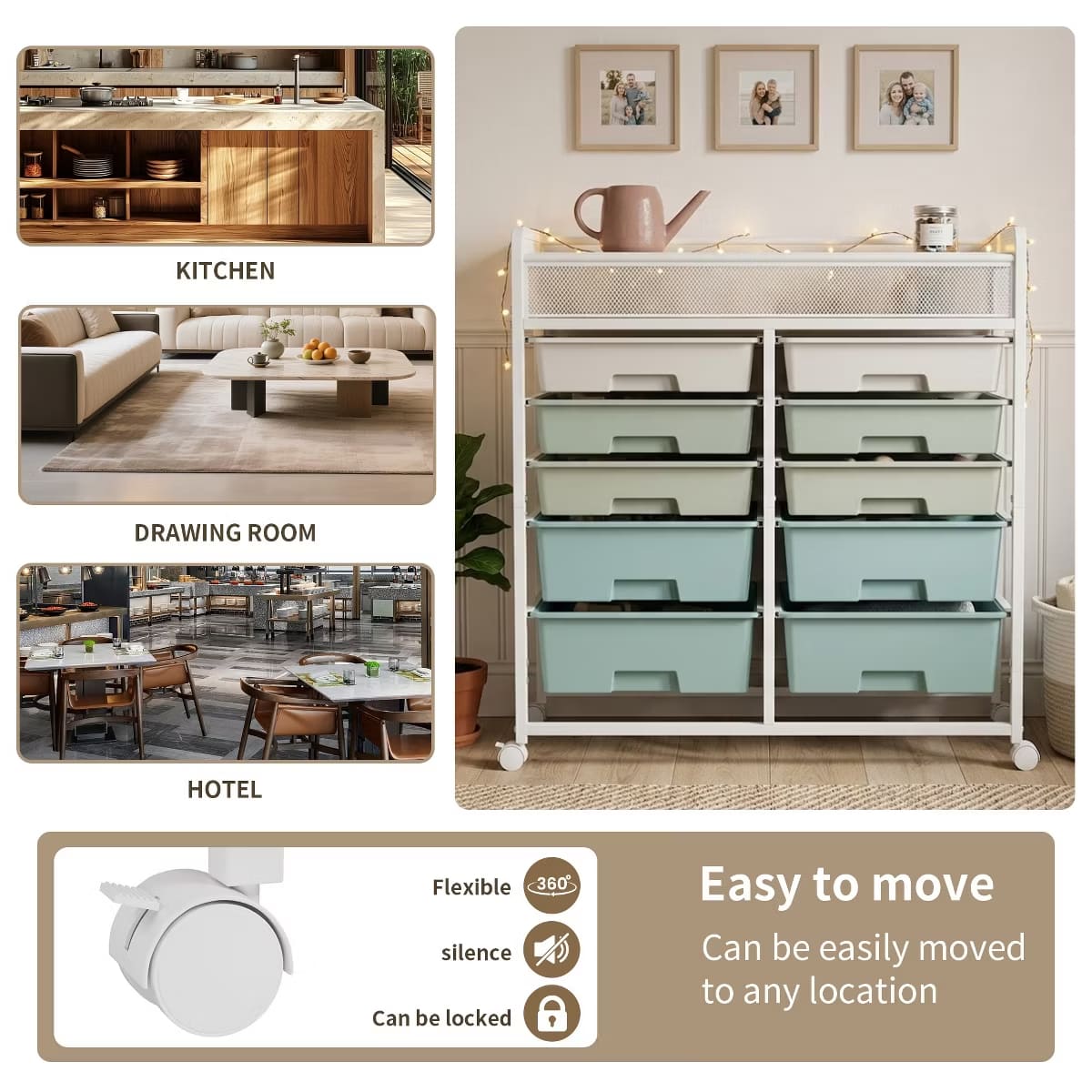 10-Drawer Rolling Storage Cart with Double-Wide Mobile Organizer