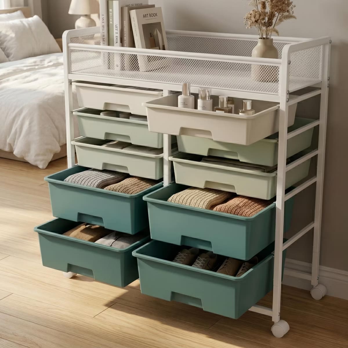 10-Drawer Rolling Storage Cart with Double-Wide Mobile Organizer