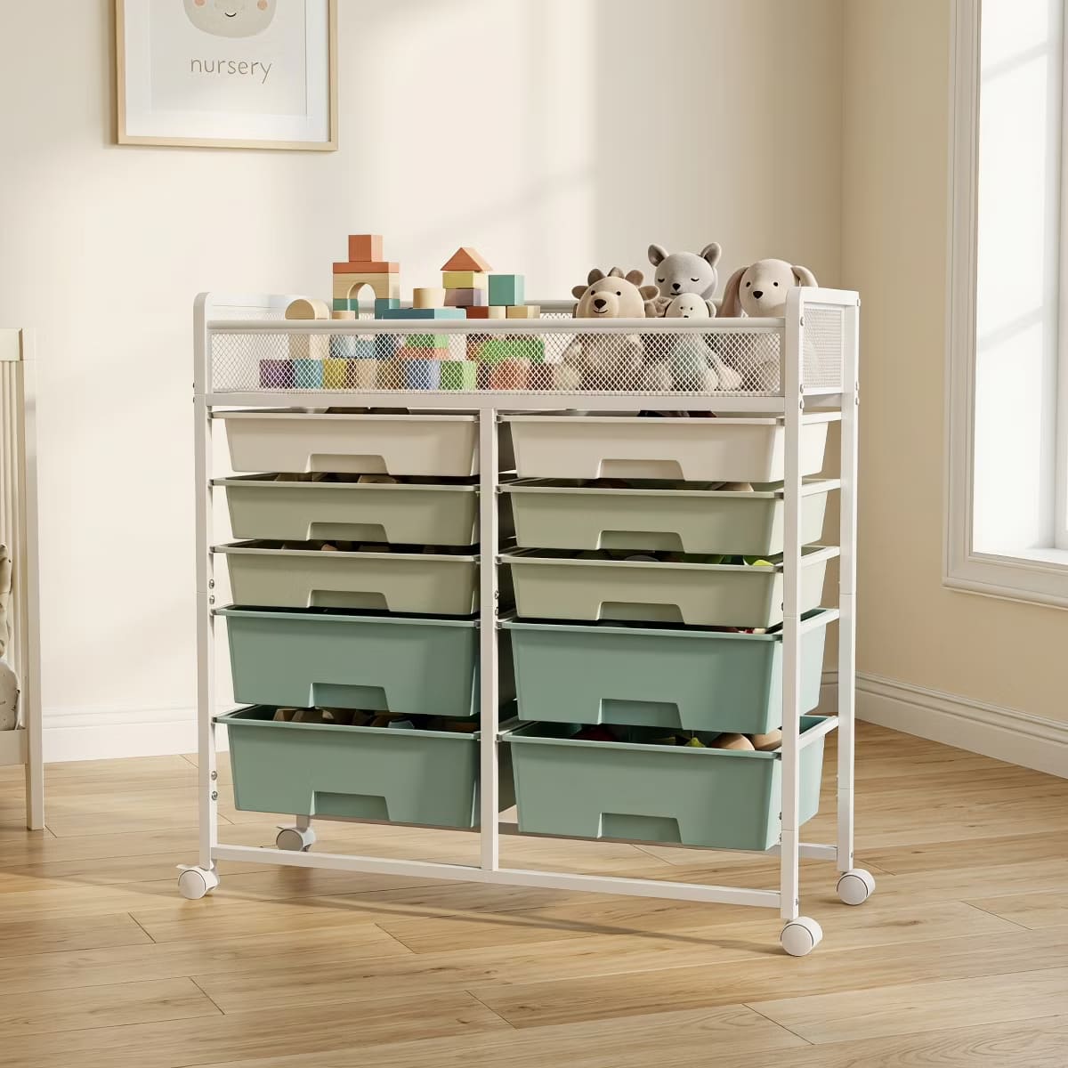 10-Drawer Rolling Storage Cart with Double-Wide Mobile Organizer