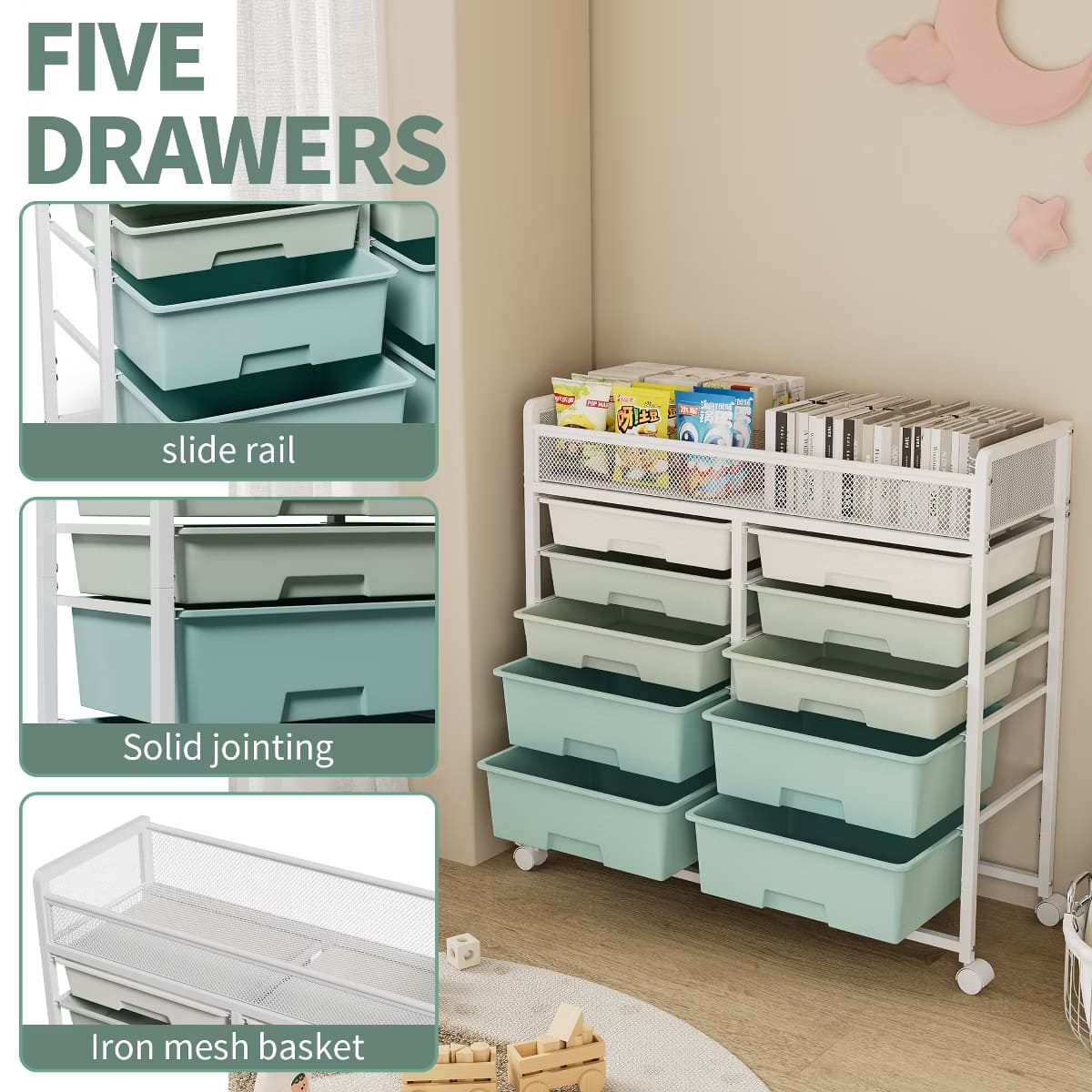 10-Drawer Rolling Storage Cart with Double-Wide Mobile Organizer