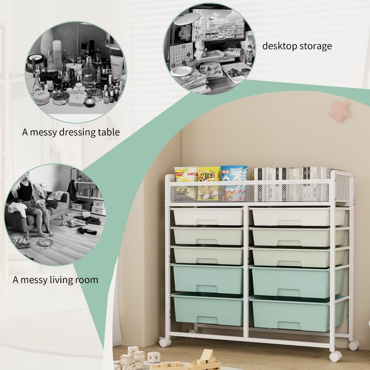10-Drawer Rolling Storage Cart with Double-Wide Mobile Organizer