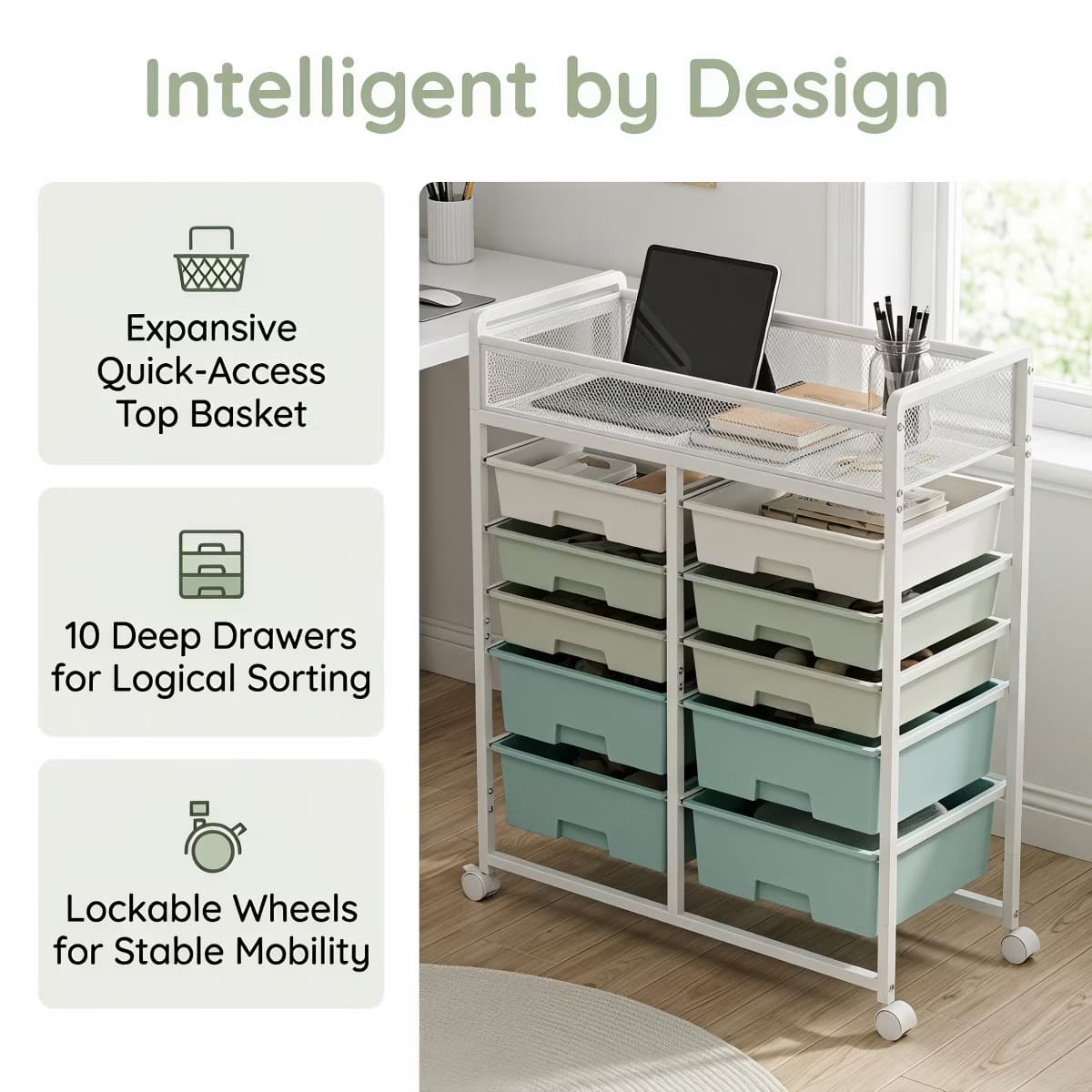 10-Drawer Rolling Storage Cart with Double-Wide Mobile Organizer