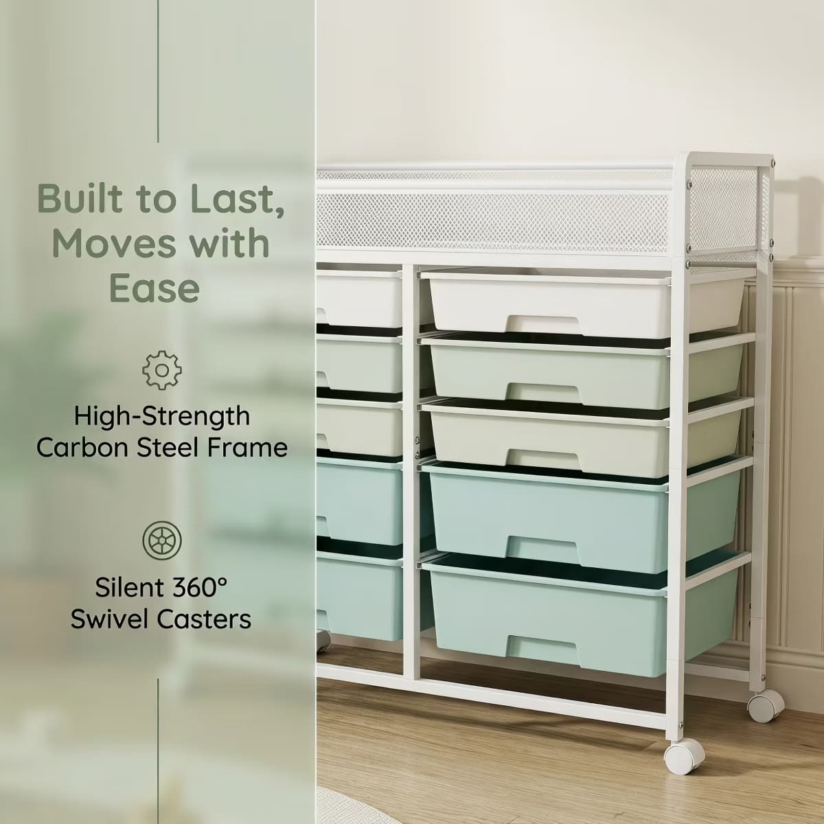 10-Drawer Rolling Storage Cart with Double-Wide Mobile Organizer