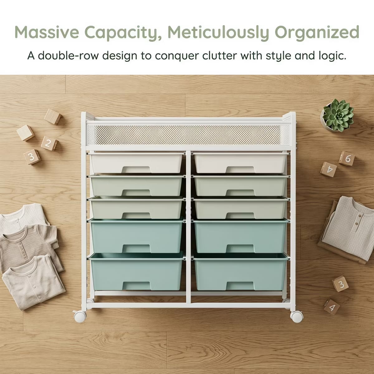 10-Drawer Rolling Storage Cart with Double-Wide Mobile Organizer