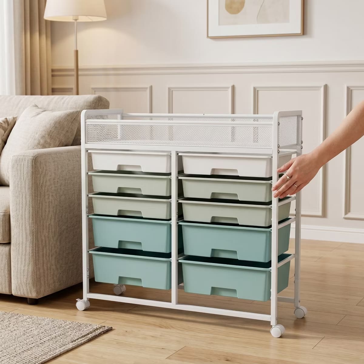 10-Drawer Rolling Storage Cart with Double-Wide Mobile Organizer