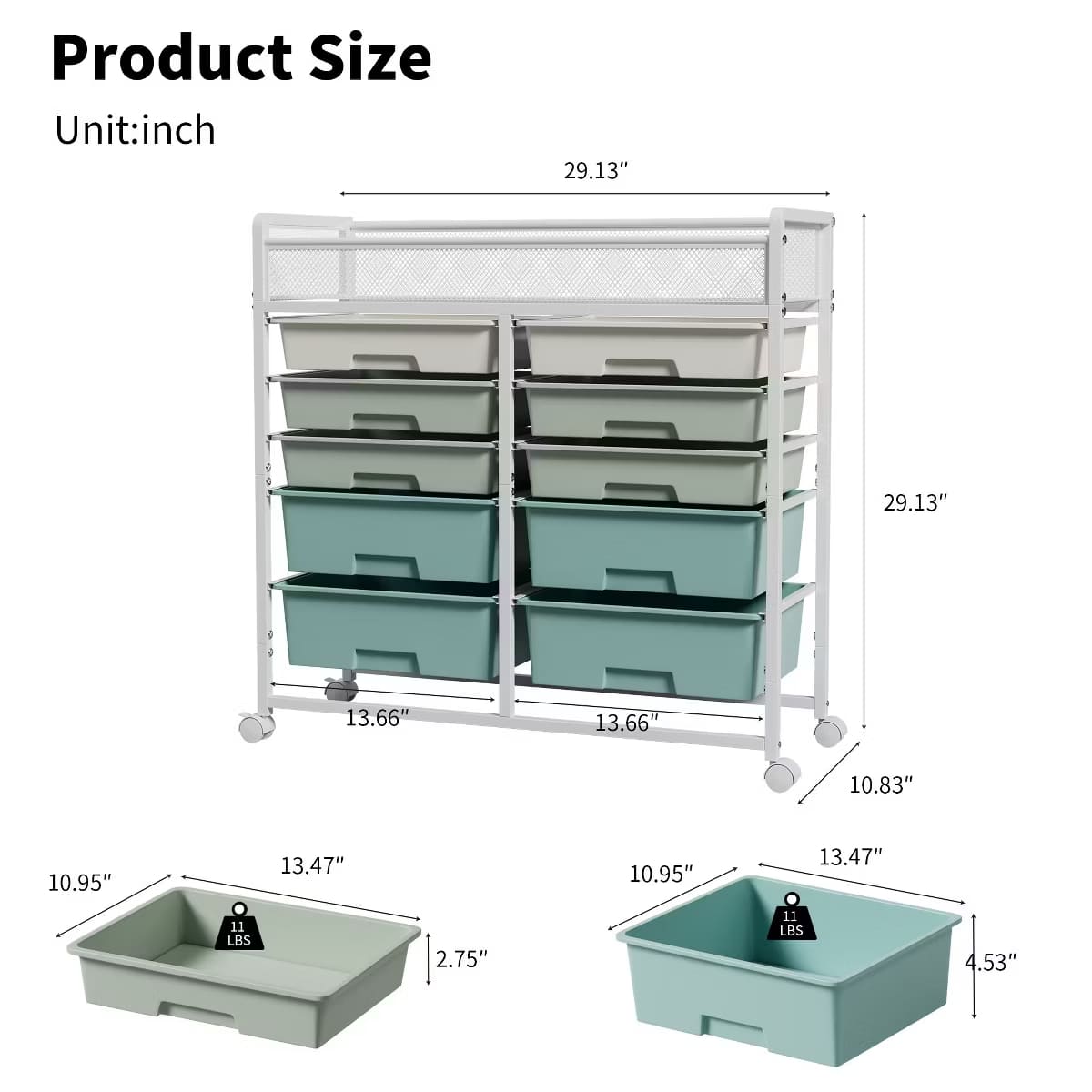 10-Drawer Rolling Storage Cart with Double-Wide Mobile Organizer