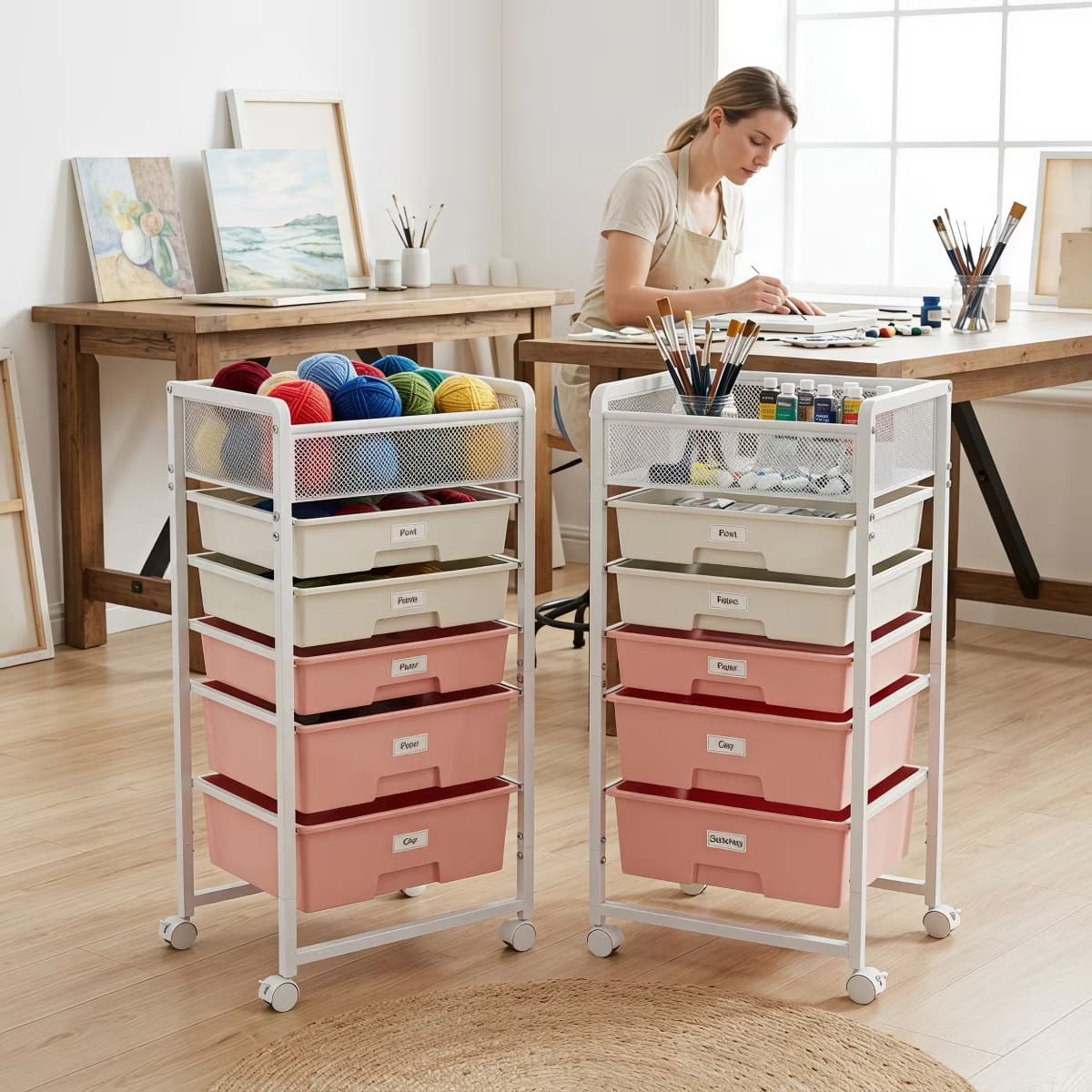 10-Drawer Rolling Storage Cart with Double-Wide Mobile Organizer
