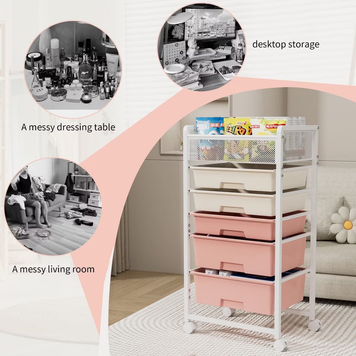 10-Drawer Rolling Storage Cart with Double-Wide Mobile Organizer