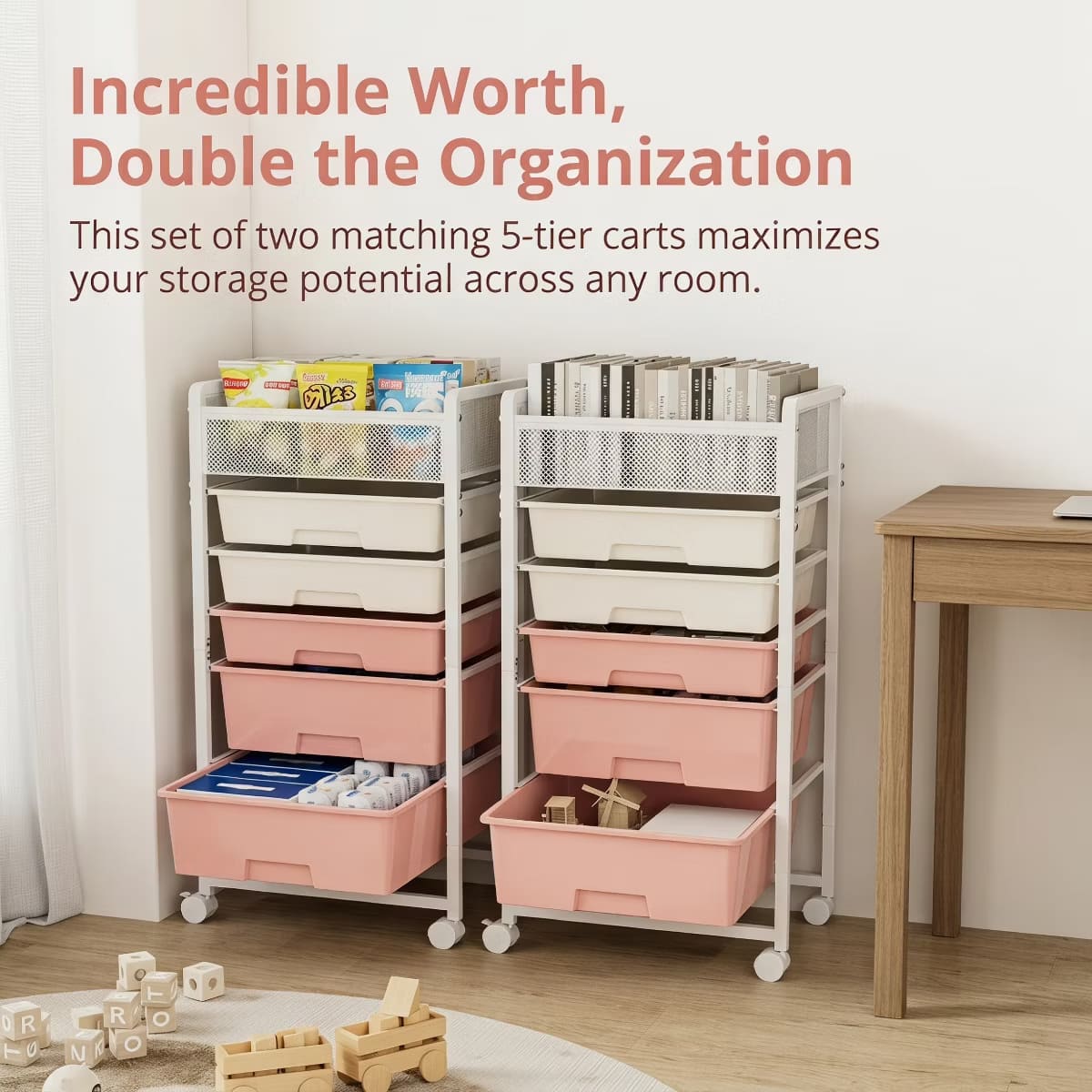 10-Drawer Rolling Storage Cart with Double-Wide Mobile Organizer