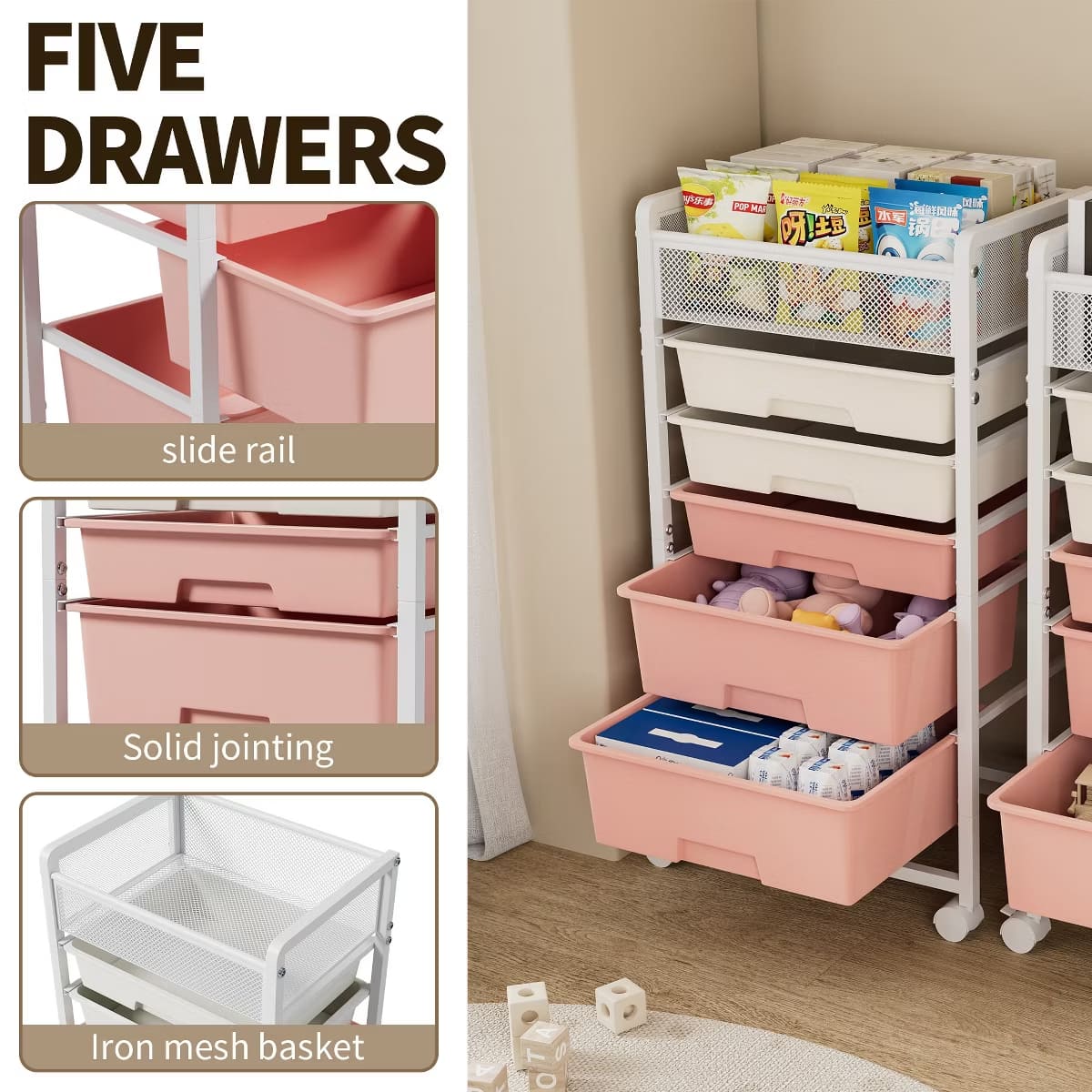 10-Drawer Rolling Storage Cart with Double-Wide Mobile Organizer