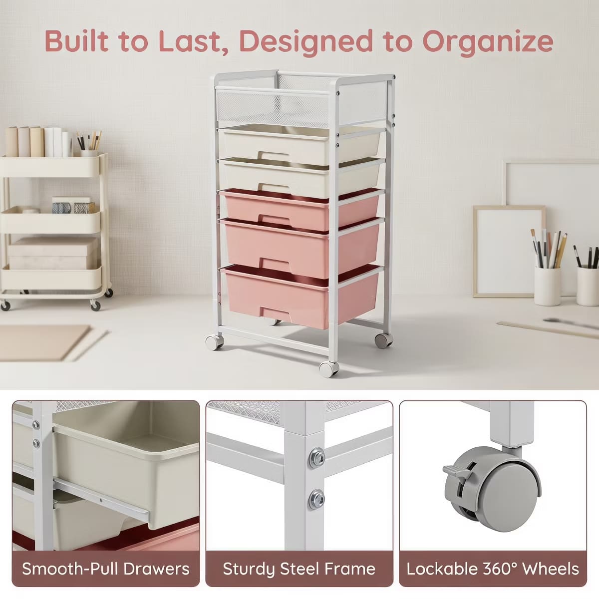 10-Drawer Rolling Storage Cart with Double-Wide Mobile Organizer