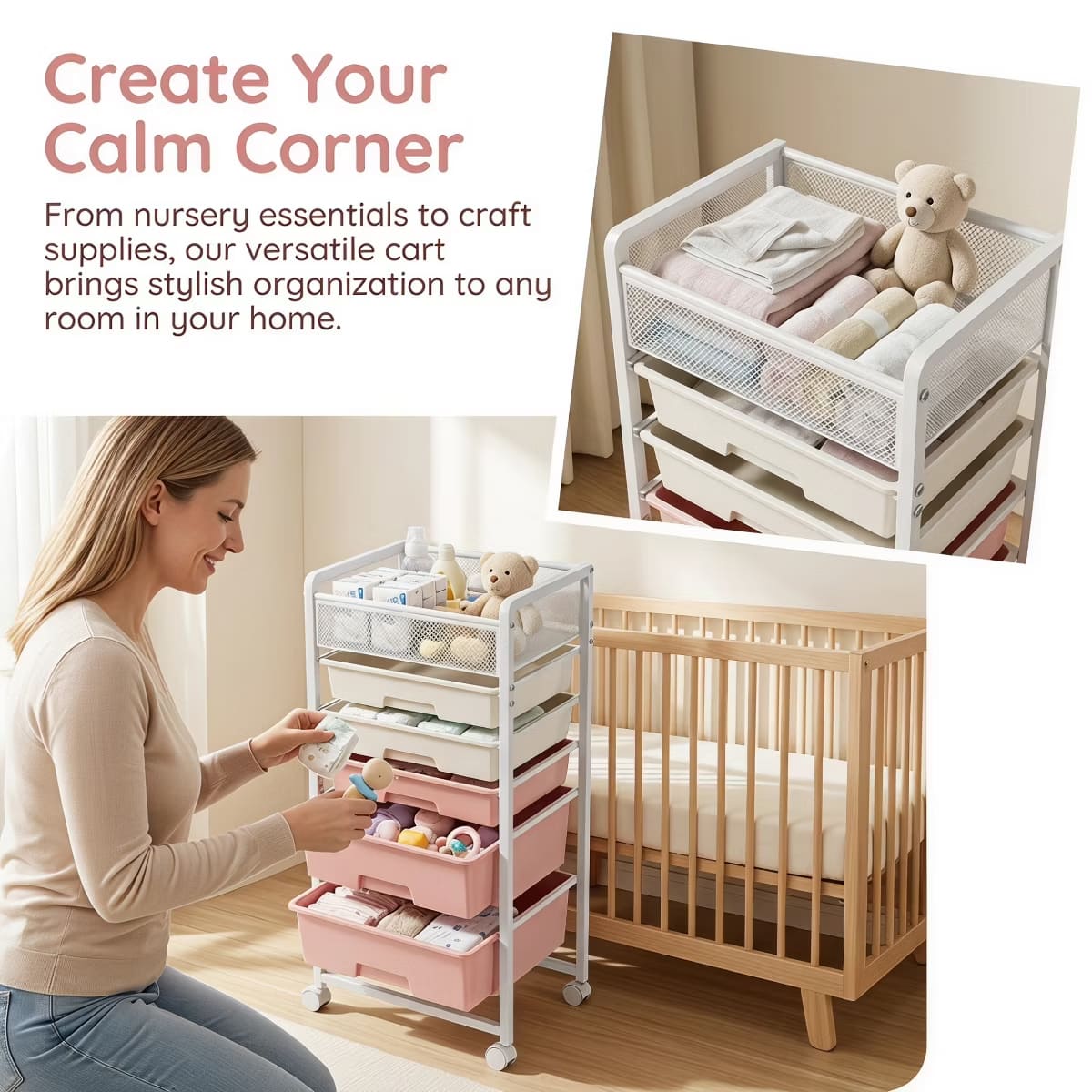 10-Drawer Rolling Storage Cart with Double-Wide Mobile Organizer