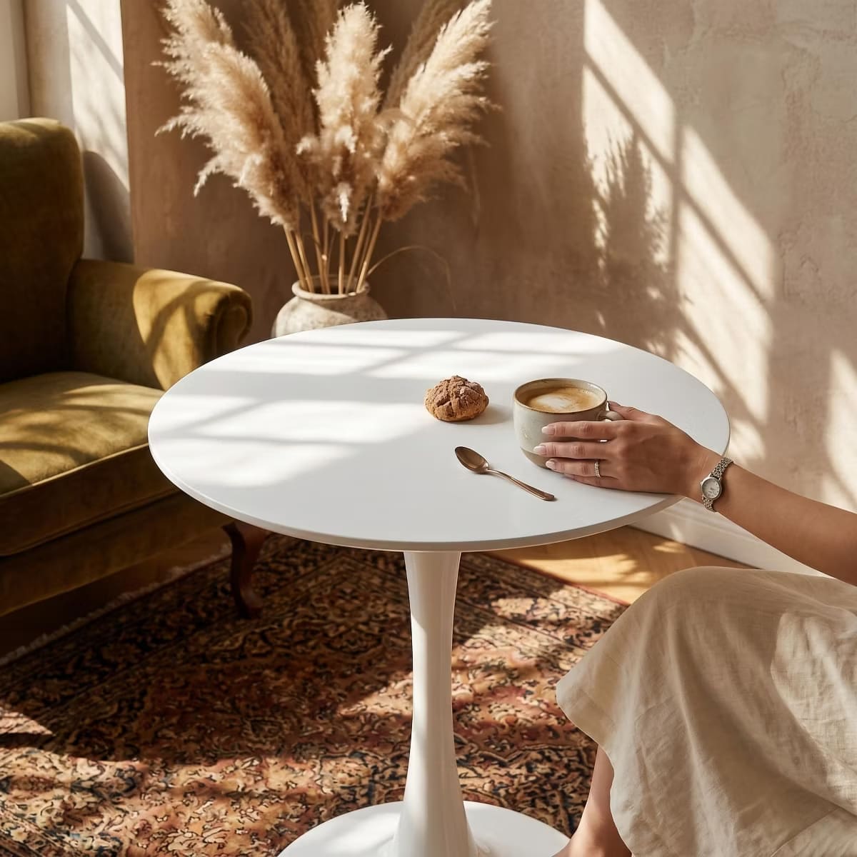 Round Dining Table – White Tulip Pedestal Design for Small Spaces