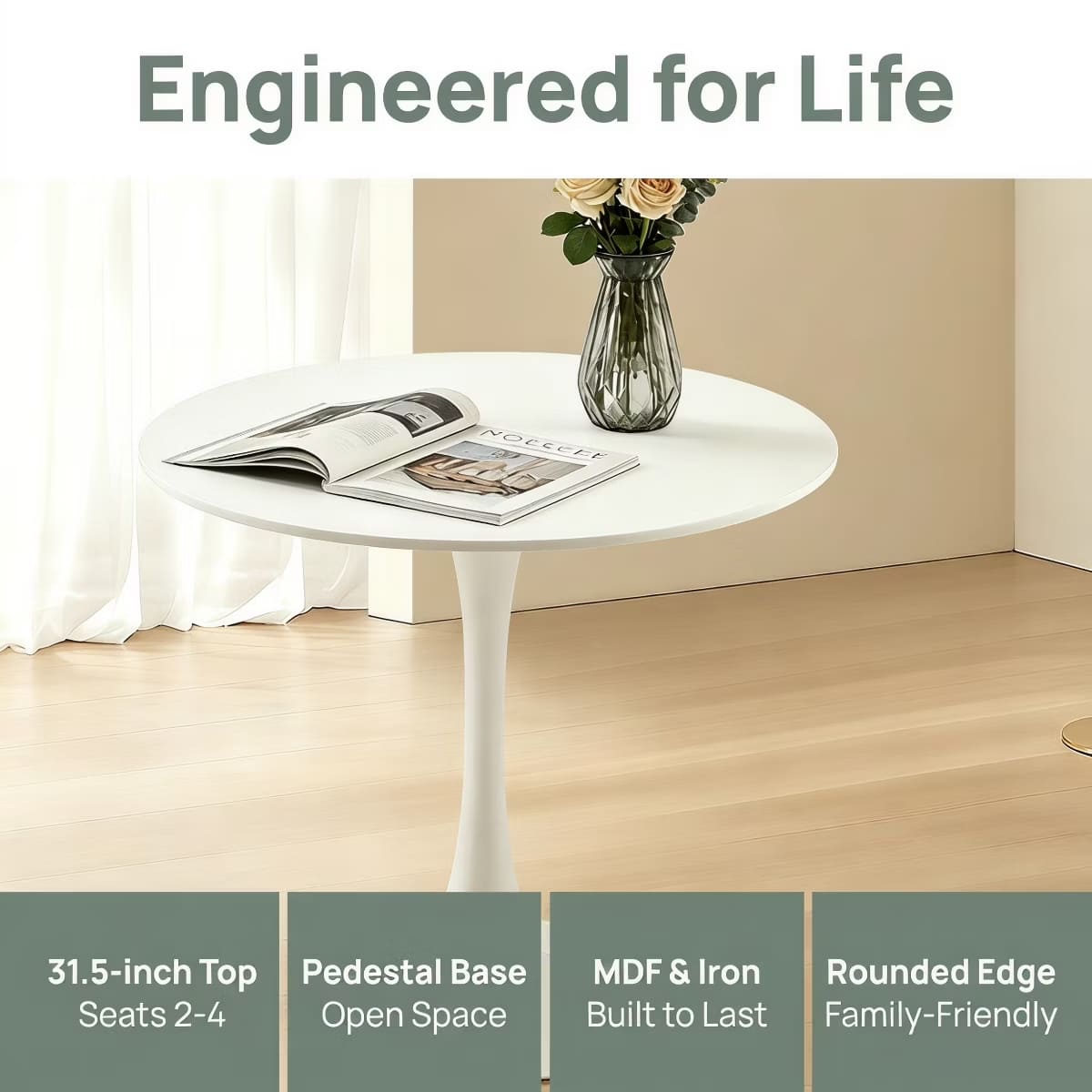 Round Dining Table – White Tulip Pedestal Design for Small Spaces