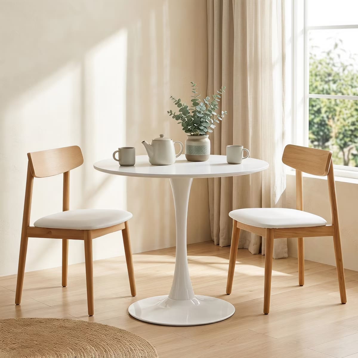 Round Dining Table – White Tulip Pedestal Design for Small Spaces