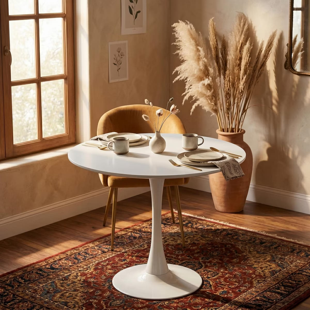 Round Dining Table – White Tulip Pedestal Design for Small Spaces