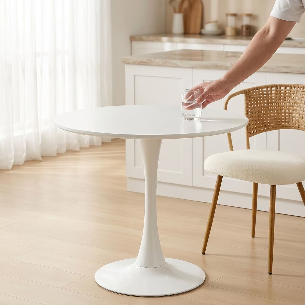 Round Dining Table – White Tulip Pedestal Design for Small Spaces
