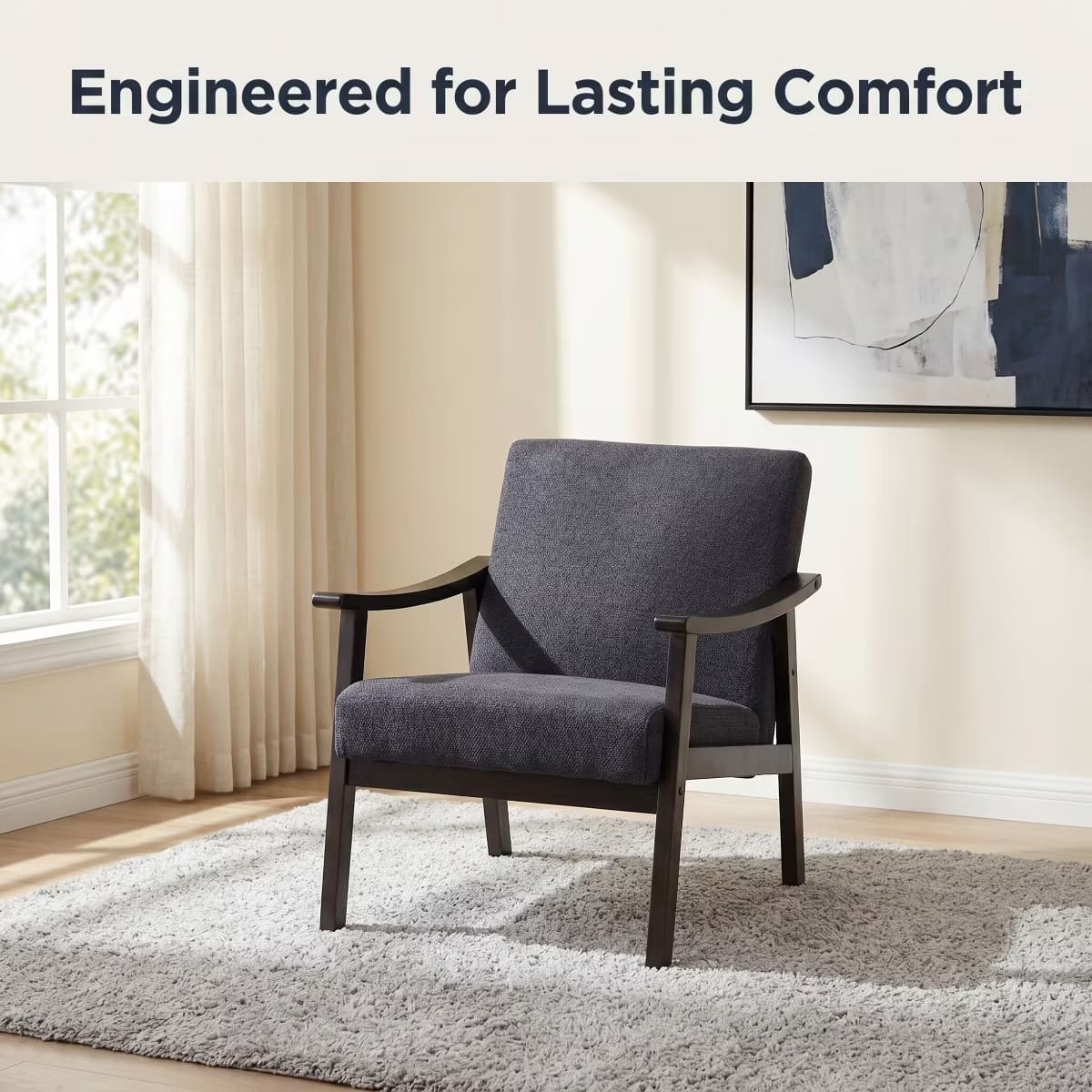 Mid-Century Accent Chair – Solid Rubberwood Frame with Plush Foam Cushion