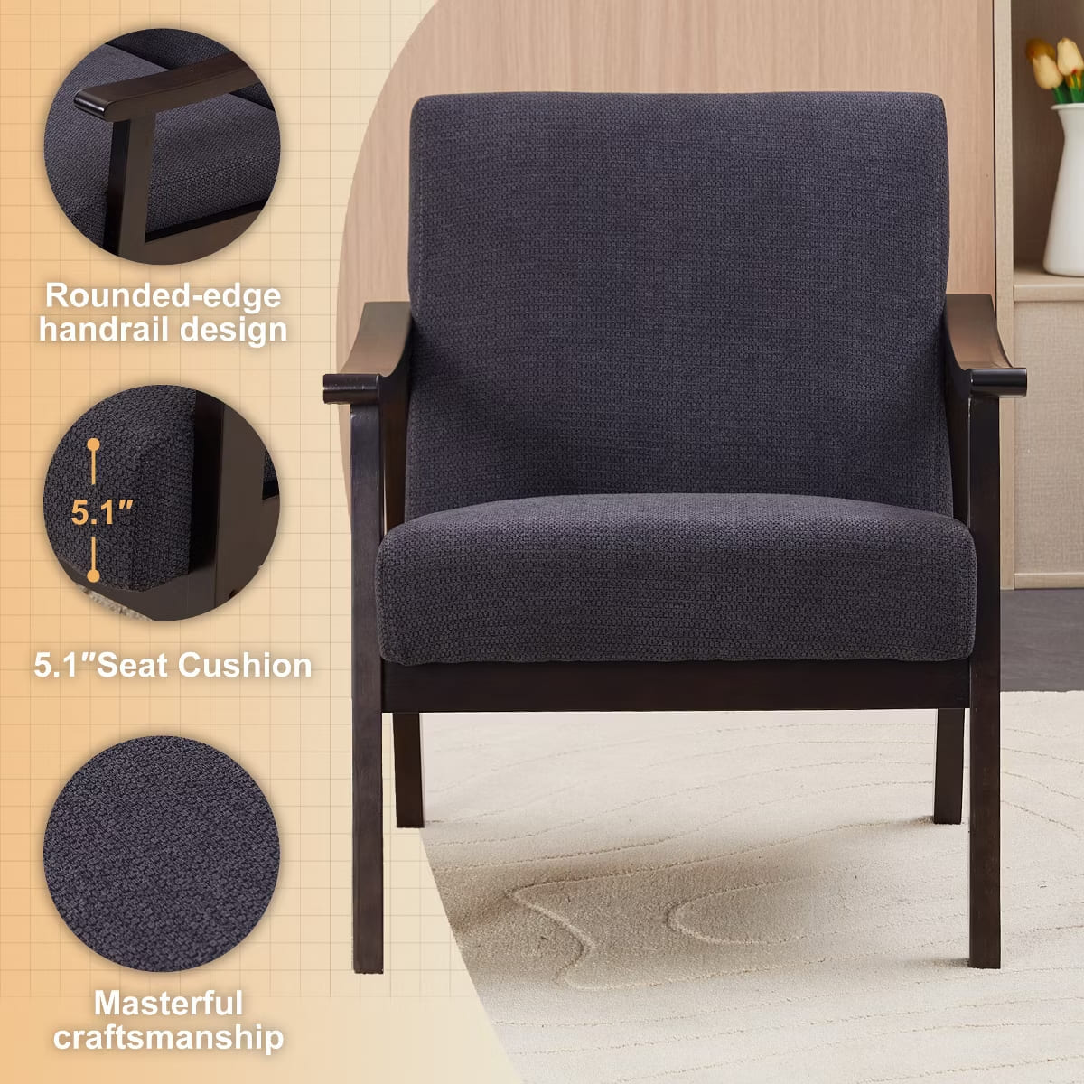 Mid-Century Accent Chair – Solid Rubberwood Frame with Plush Foam Cushion