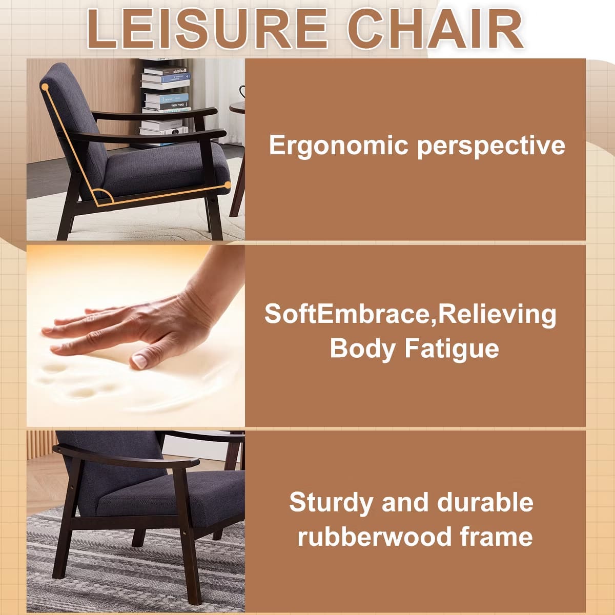 Mid-Century Accent Chair – Solid Rubberwood Frame with Plush Foam Cushion