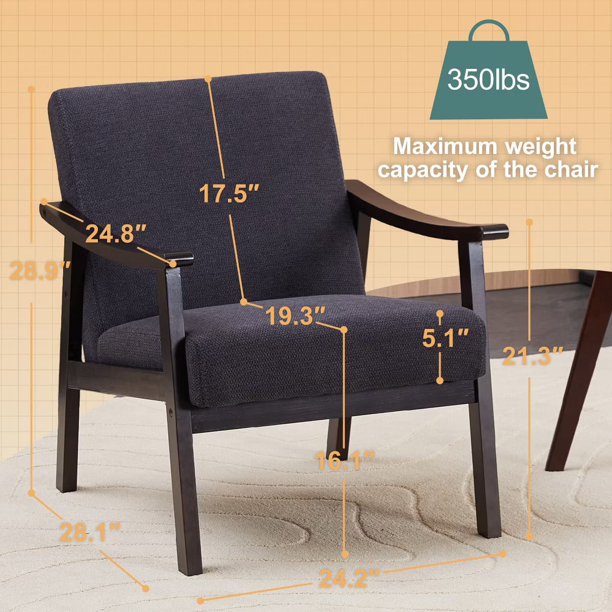 Mid-Century Accent Chair – Solid Rubberwood Frame with Plush Foam Cushion