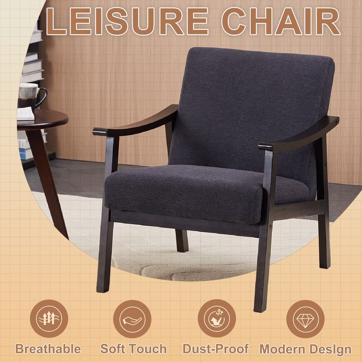 Mid-Century Accent Chair – Solid Rubberwood Frame with Plush Foam Cushion