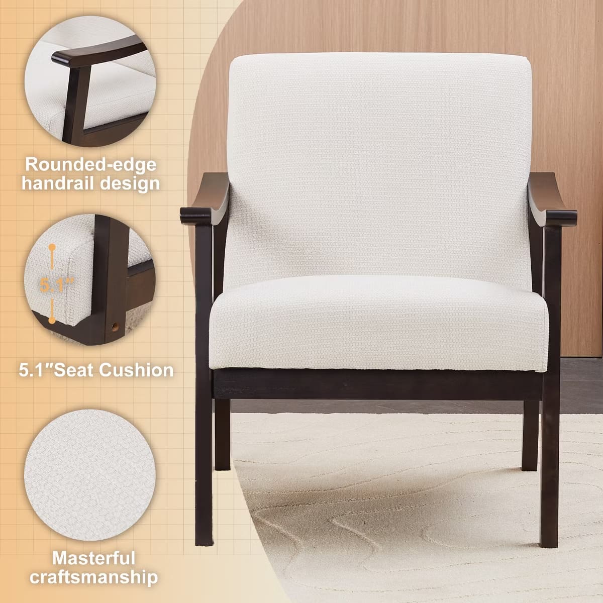 Mid-Century Accent Chair – Solid Rubberwood Frame with Plush Foam Cushion
