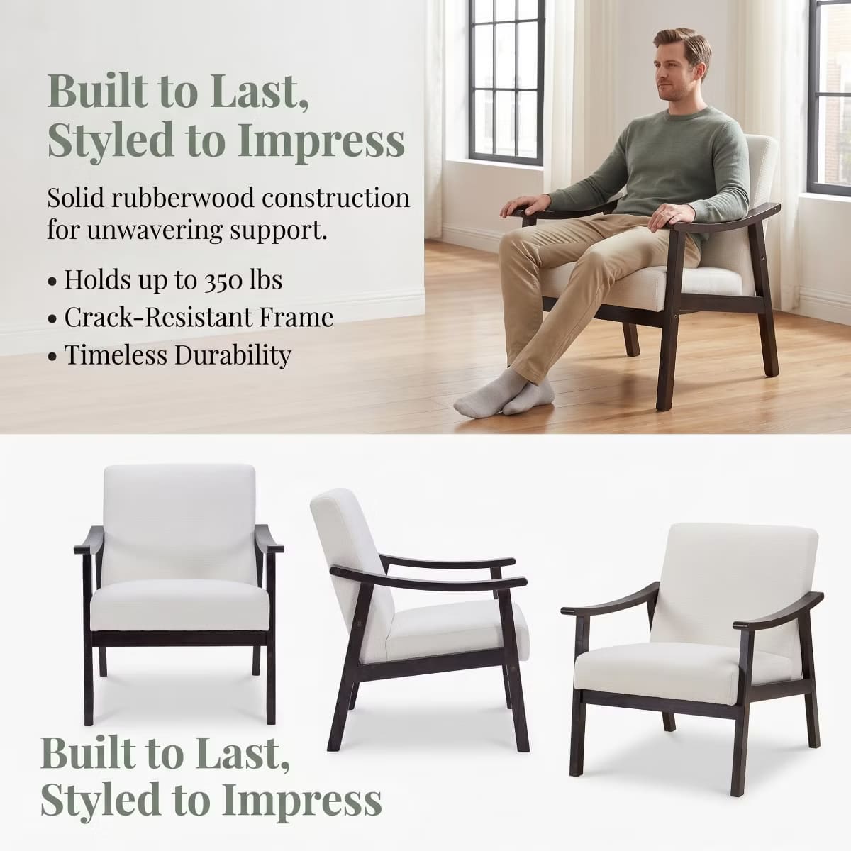 Mid-Century Accent Chair – Solid Rubberwood Frame with Plush Foam Cushion