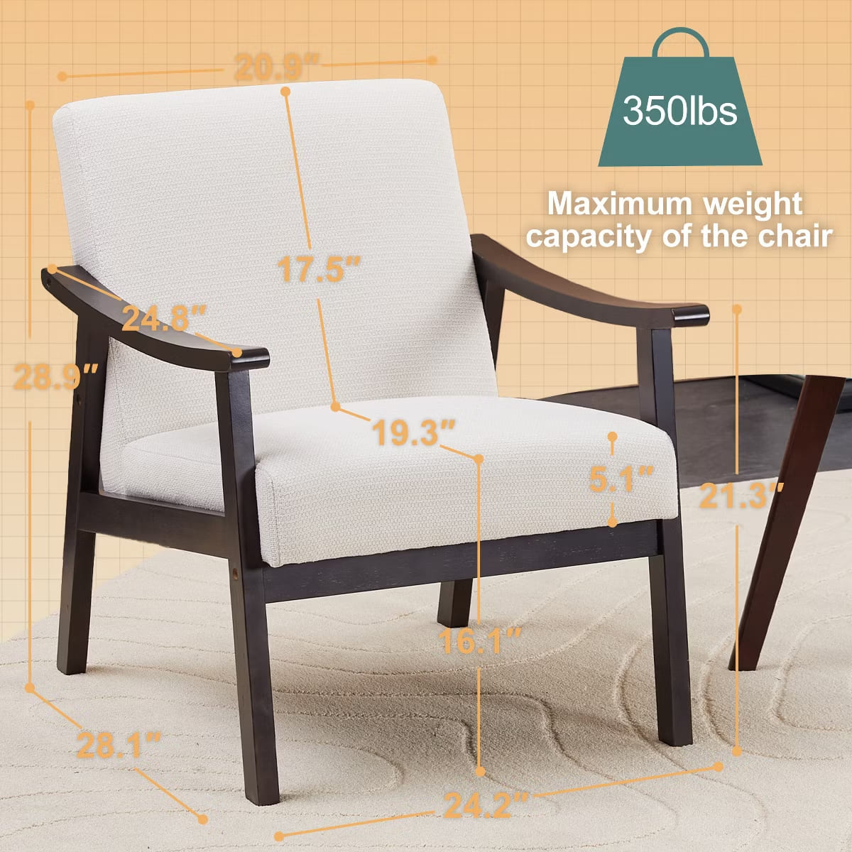 Mid-Century Accent Chair – Solid Rubberwood Frame with Plush Foam Cushion