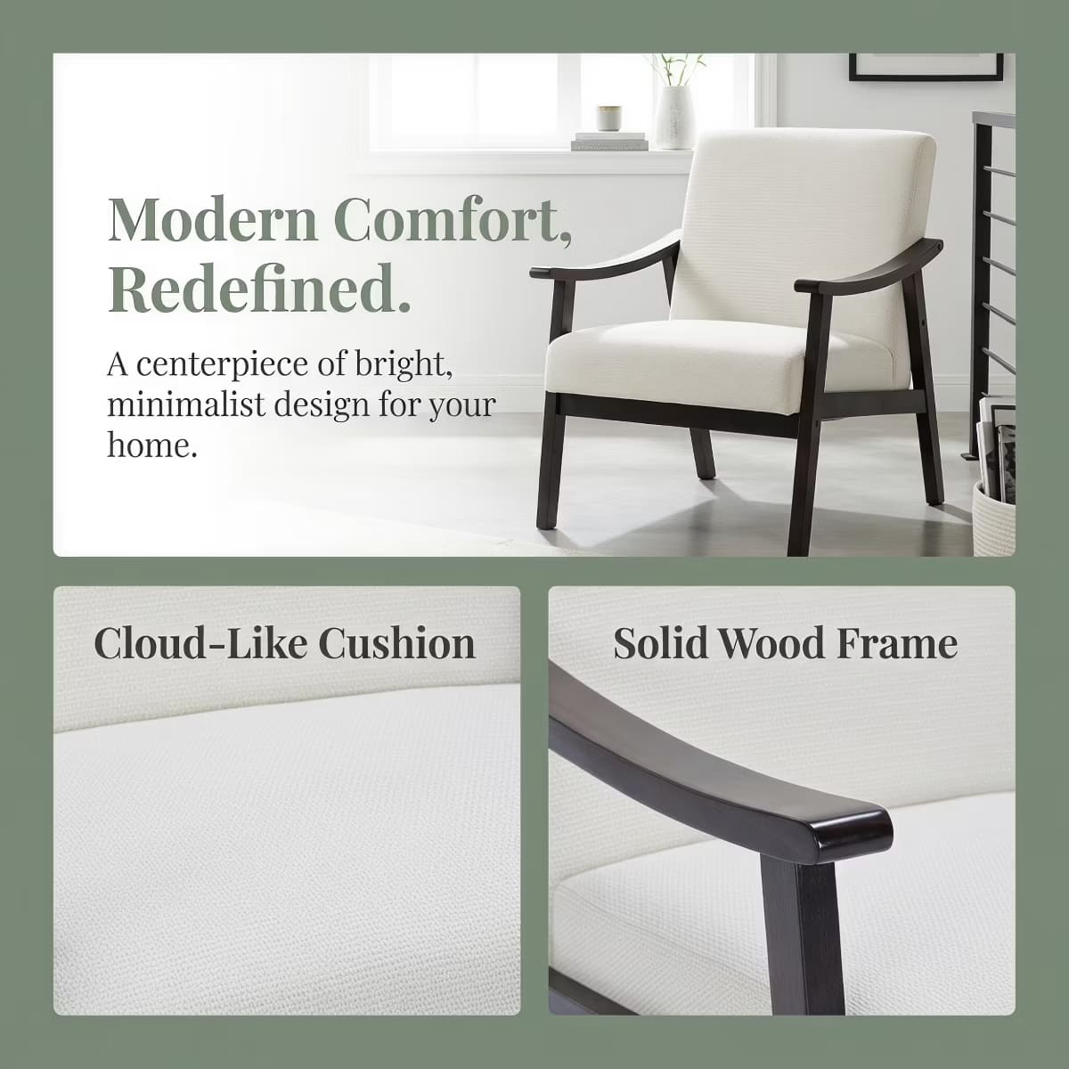 Mid-Century Accent Chair – Solid Rubberwood Frame with Plush Foam Cushion