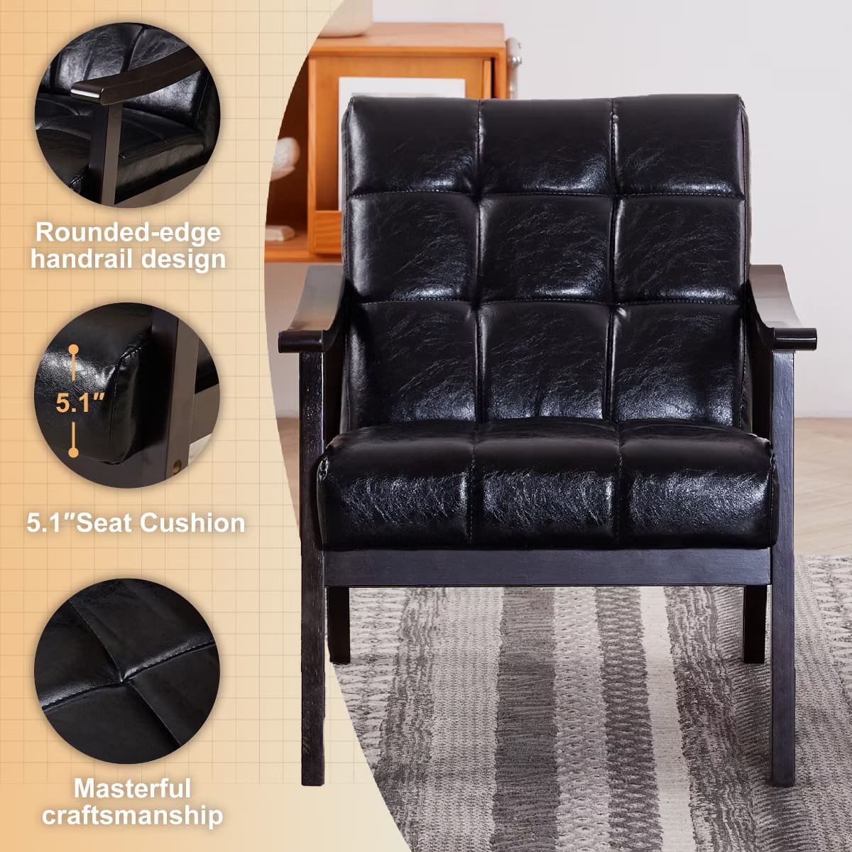 Mid-Century Accent Chair – Solid Rubberwood Frame with Plush Foam Cushion