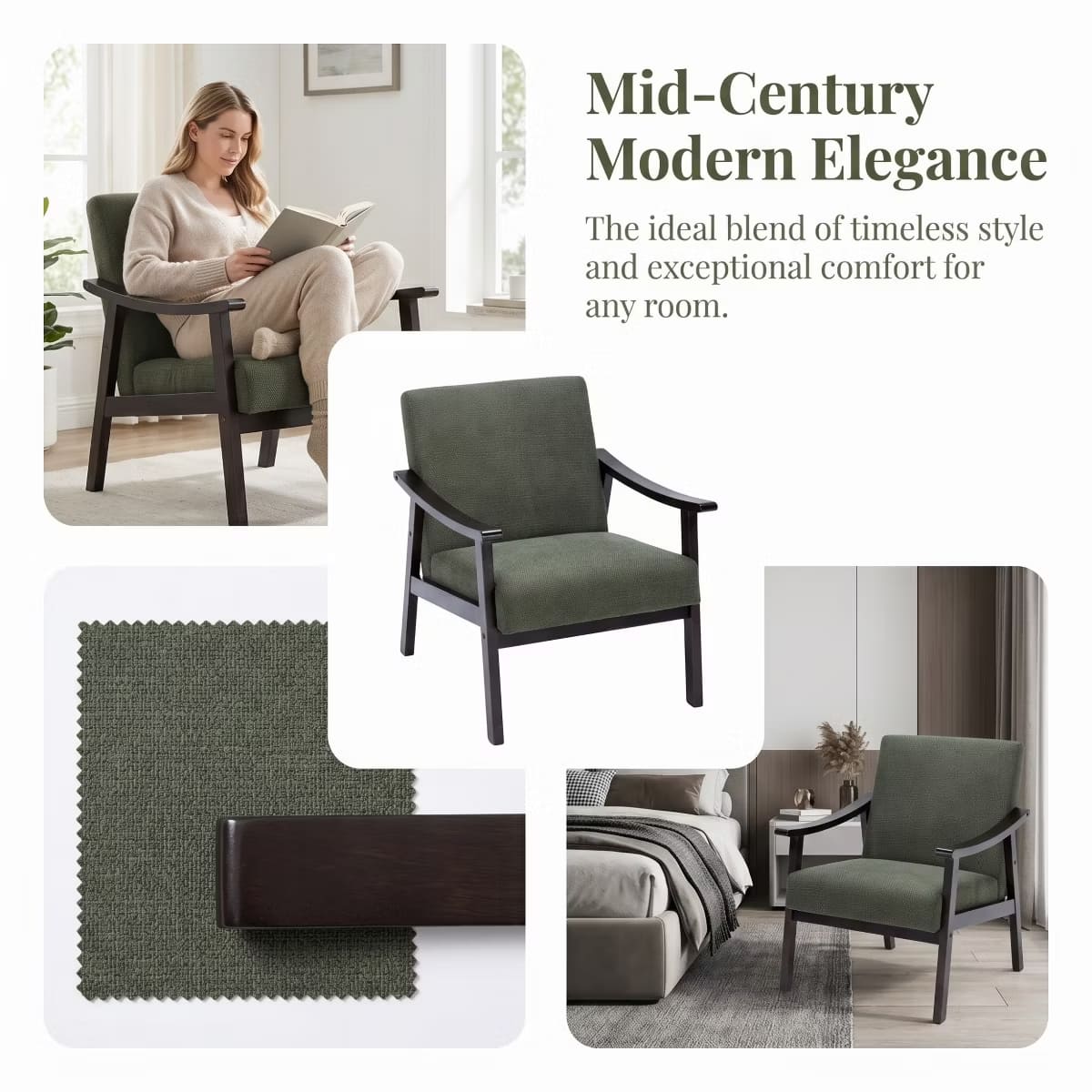 Mid-Century Accent Chair – Solid Rubberwood Frame with Plush Foam Cushion
