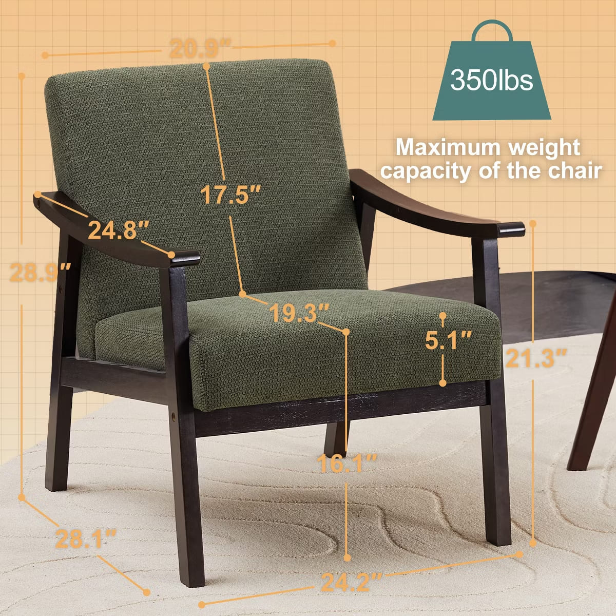 Mid-Century Accent Chair – Solid Rubberwood Frame with Plush Foam Cushion