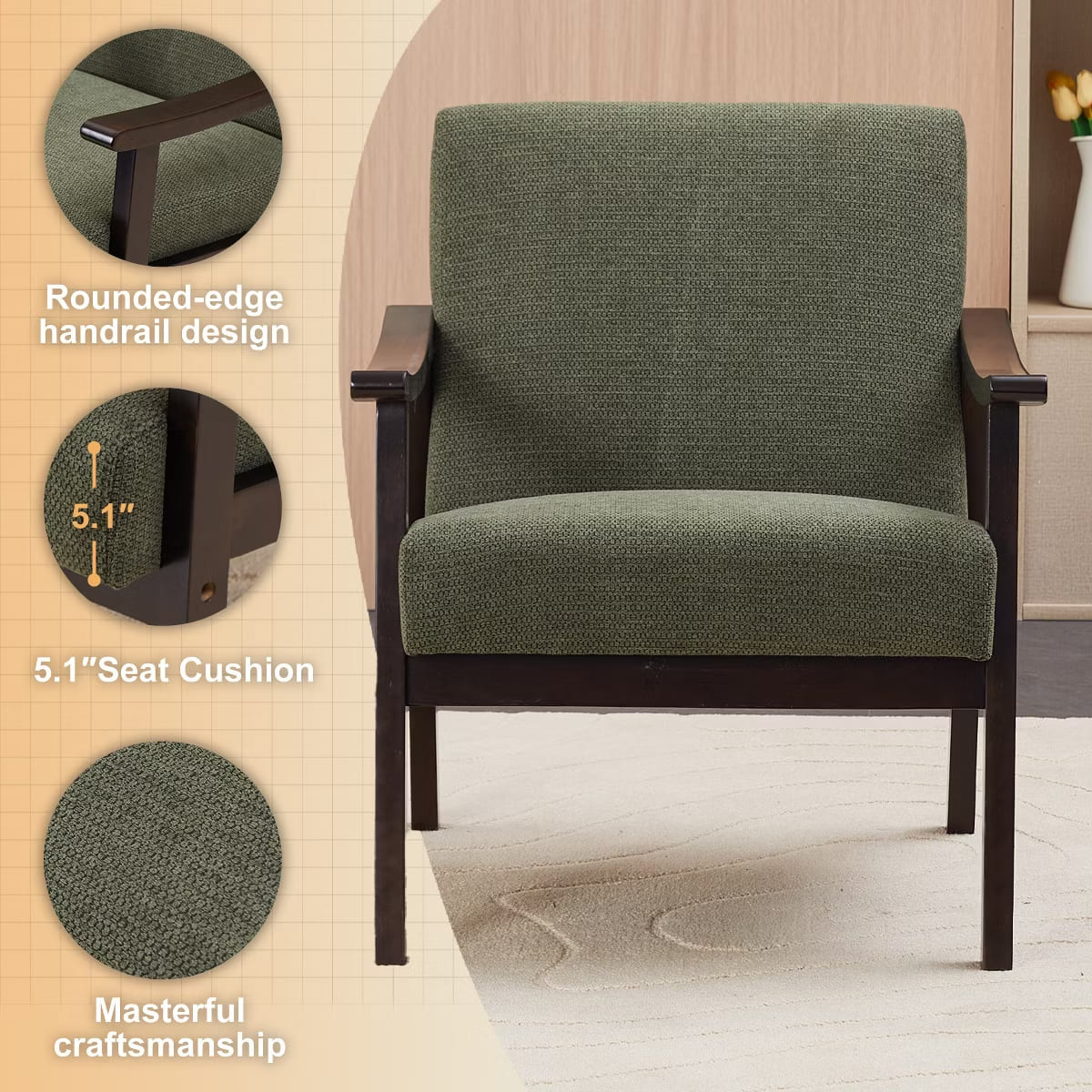 Mid-Century Accent Chair – Solid Rubberwood Frame with Plush Foam Cushion