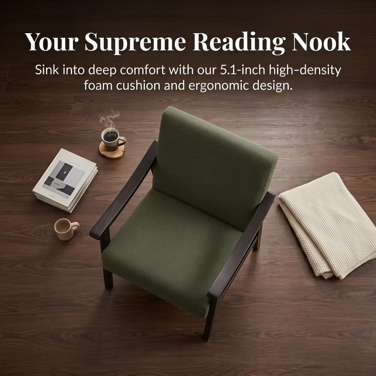 Mid-Century Accent Chair – Solid Rubberwood Frame with Plush Foam Cushion