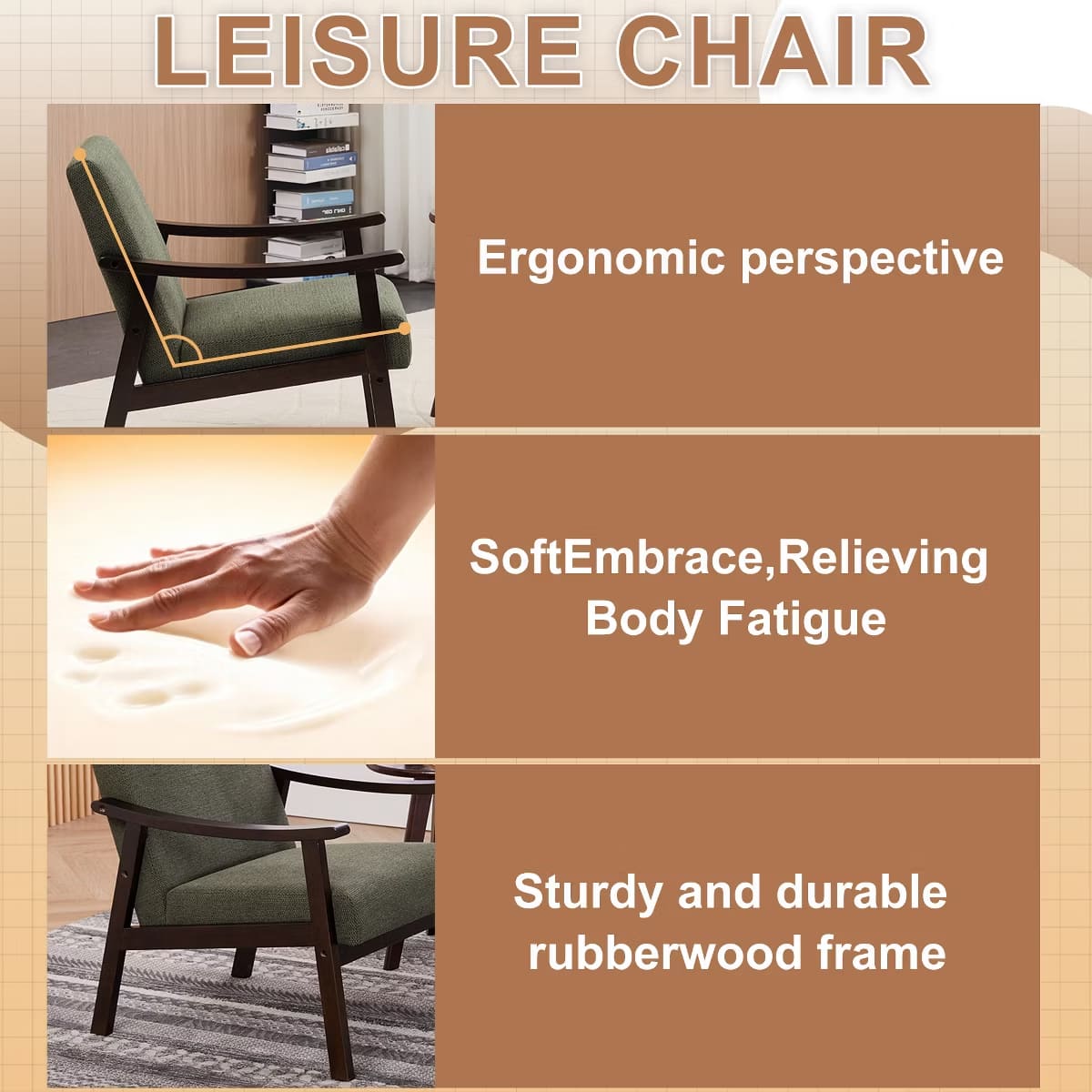 Mid-Century Accent Chair – Solid Rubberwood Frame with Plush Foam Cushion