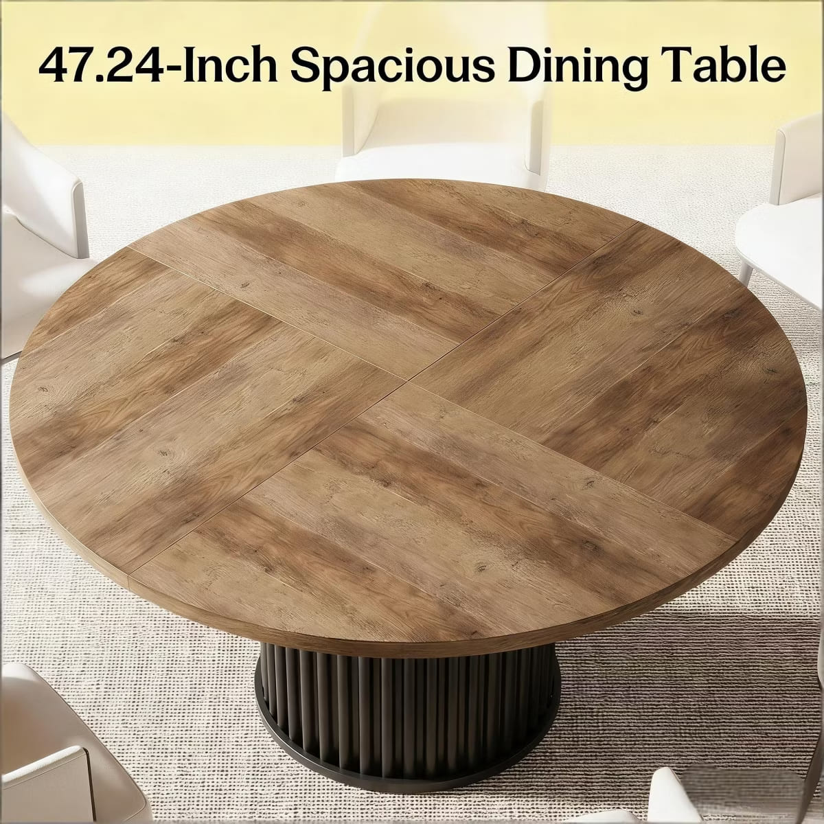Round Dining Table for 6 | Rustic Walnut Top & Fluted Metal Pedestal