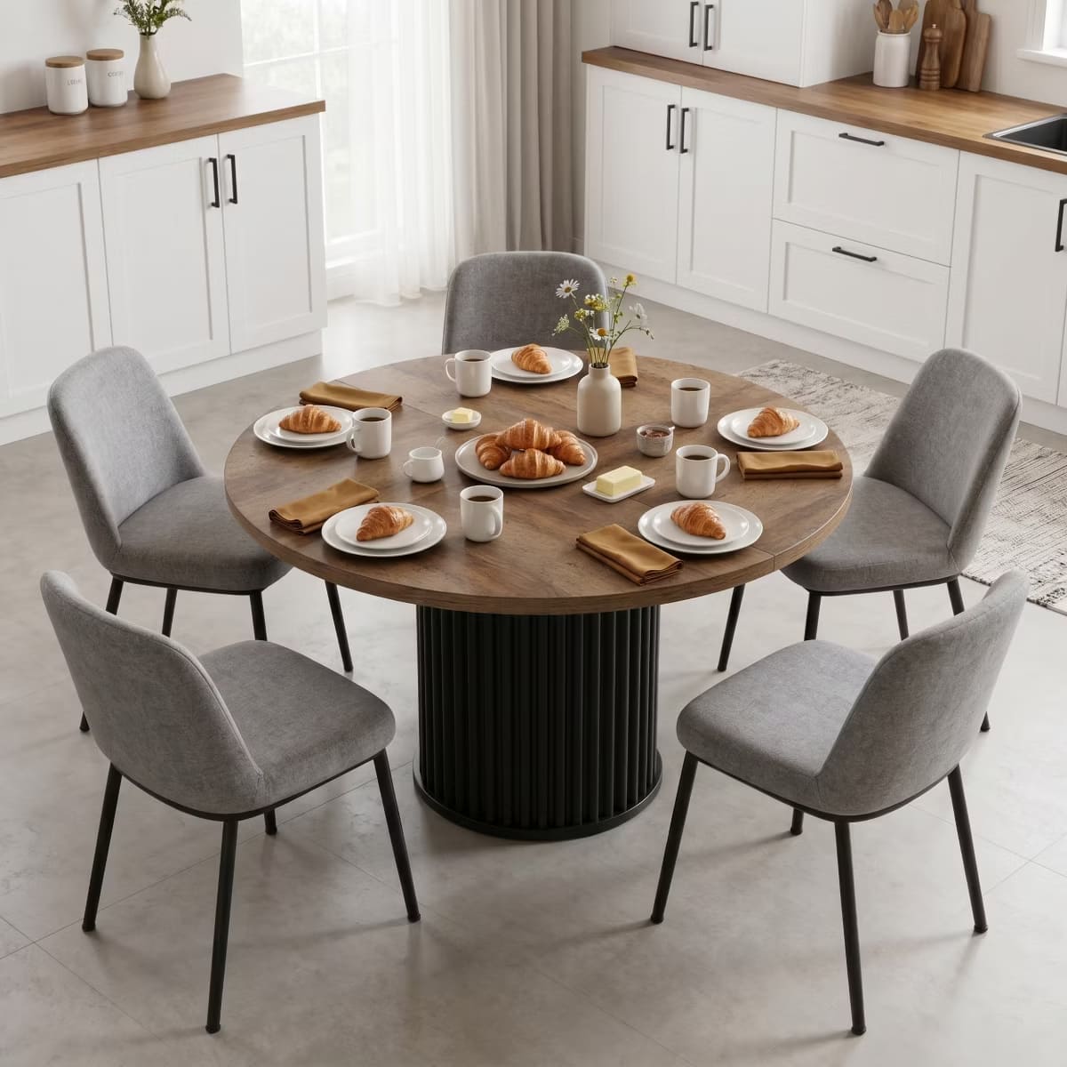 Round Dining Table for 6 | Rustic Walnut Top & Fluted Metal Pedestal