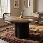 Round Dining Table for 6 | Rustic Walnut Top & Fluted Metal Pedestal