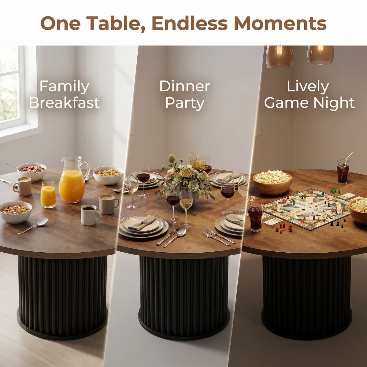 Round Dining Table for 6 | Rustic Walnut Top & Fluted Metal Pedestal