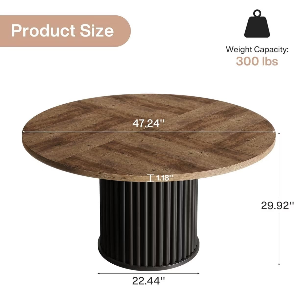 Round Dining Table for 6 | Rustic Walnut Top & Fluted Metal Pedestal