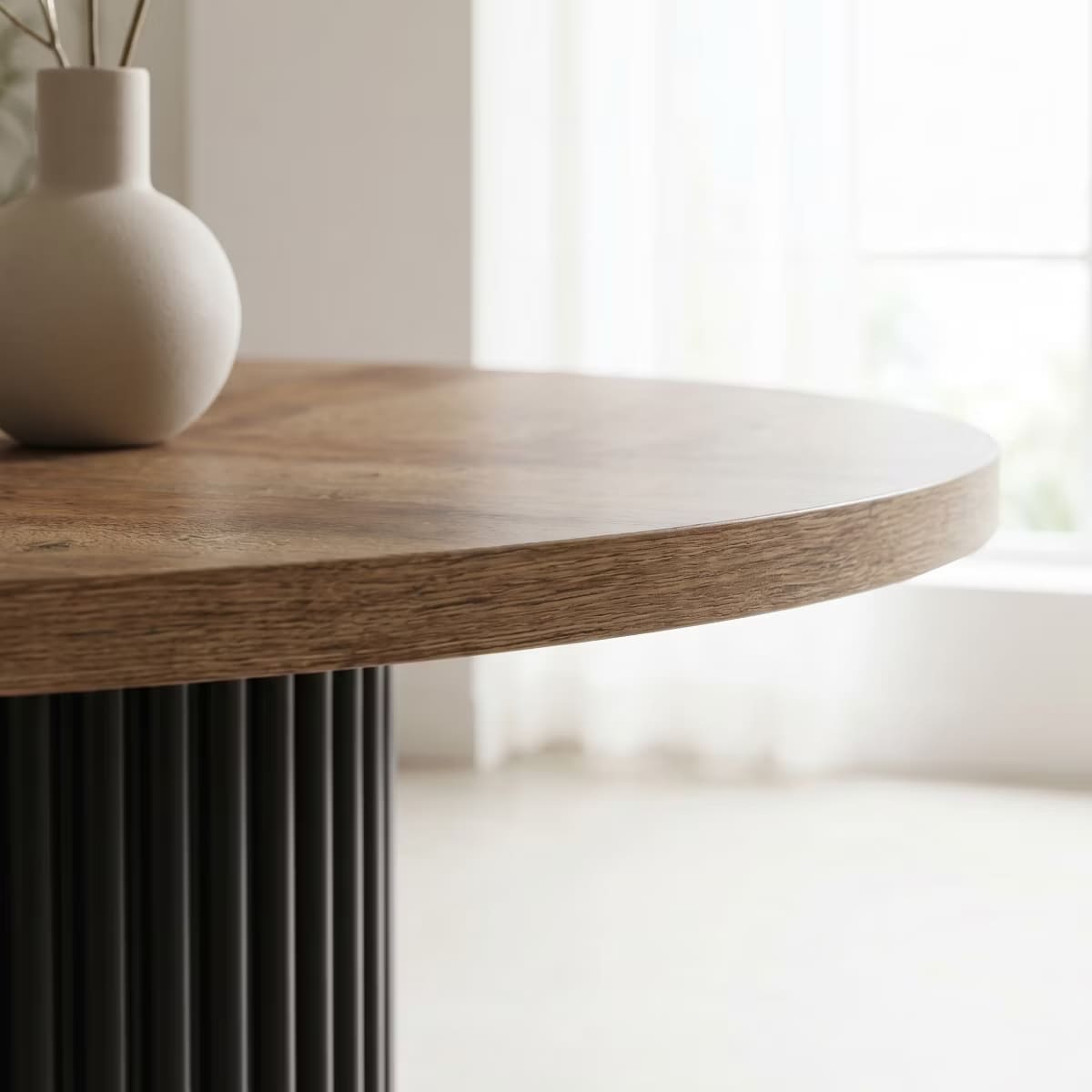 Round Dining Table for 6 | Rustic Walnut Top & Fluted Metal Pedestal