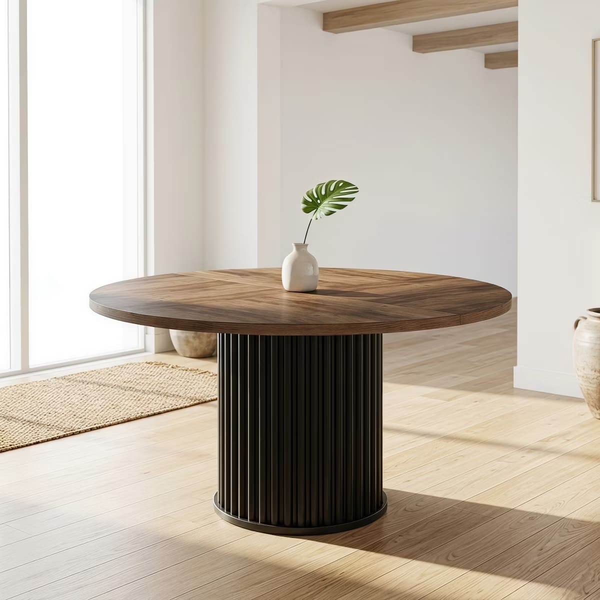 Round Dining Table for 6 | Rustic Walnut Top & Fluted Metal Pedestal